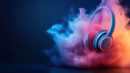 Headphones are surrounded by swirling vibrant smoke in a spectrum of colors, creating an engaging and immersive visual effect that symbolizes music's dynamism.