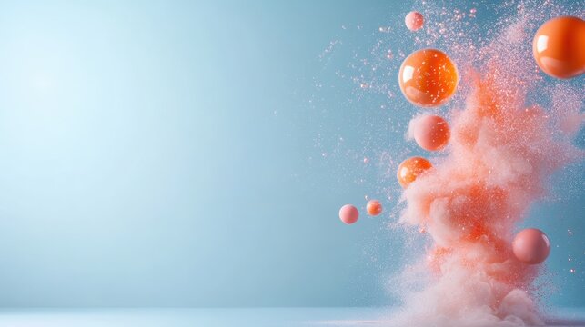 A dynamic scene of orange spheres levitating within a soft pink powder cloud, set against a blue backdrop, representing freedom and creativity in abstract art.