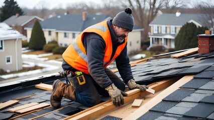 Construction Worker Repairing Roof in Winter Weather
