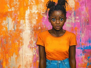 Fototapeta premium Portrait of a lovely young girl expressing shock and disappointment over unexpected news dressed in denim jeans and an orange t shirt set against a vibrant background