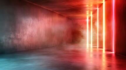Fototapeta premium A corridor highlighted with neon lights casting a moody ambiance, presenting an abstract glimpse into modernity and urban sophistication.