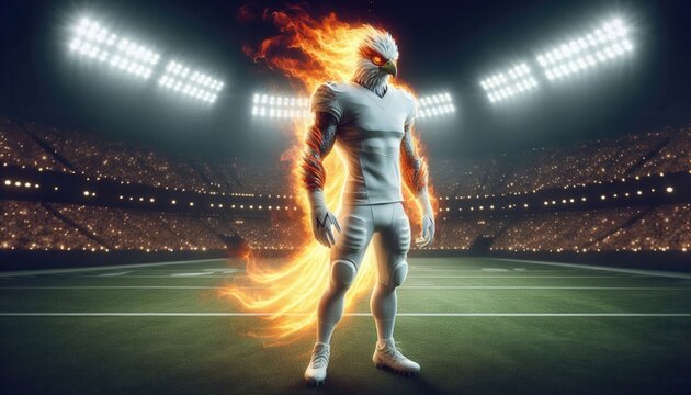 A dynamic, fiery athlete stands confidently on a sports field, showcasing strength and determination. Perfect for sports marketing, fitness promotions, or event branding.