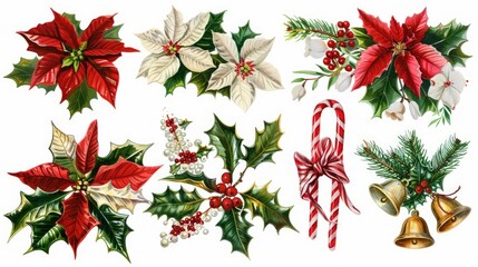 A collection of clipart illustrations featuring various Christmas elements such as poinsettias © Palette_Dreams