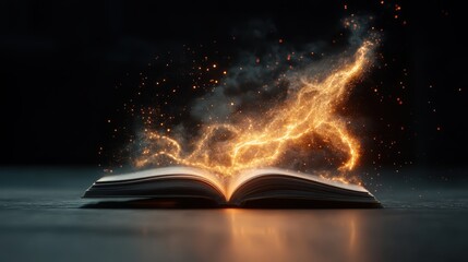 An open book emits glowing sparks of fiery light against a dark backdrop, symbolizing inspiration, transformation, and the burning power of knowledge.