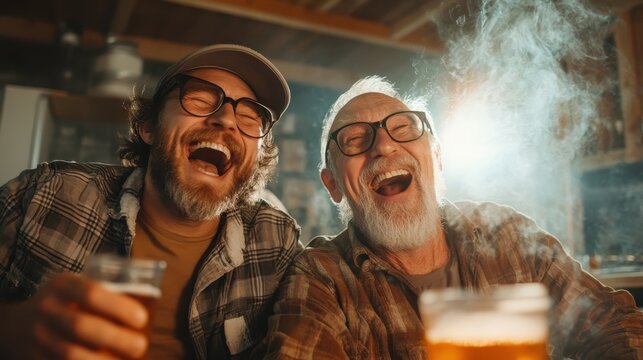 An older man and his son share a hearty laugh while enjoying beverages in a rustic, warmly lit setting, exuding a sense of familial bonding and enjoyment. - Powered by Adobe