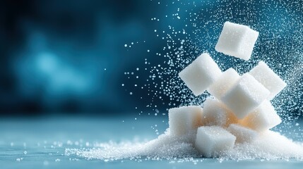 A beautiful composition of sugar cubes piled artistically, creating a captivating landscape of sweetness gracefully cascading over a textured surface.