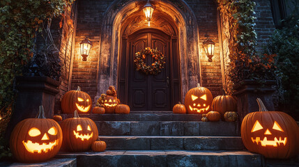 Obraz premium Halloween Decor with Jack o Lantern Pumpkins on Brick Steps