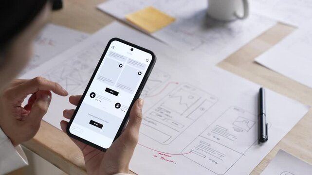 UX UI designer testing prototype on a phone, discussing and brainstorming on wireframes for a website and mobile app prototype, in the concept of website and mobile application design concept.