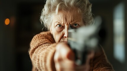 An elderly woman, with a piercing stare, aims a gun directly into the camera lens, her focused expression and knit sweater highlighting determination and resolve.