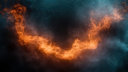 Fototapeta premium A dynamic flame shape dances through the dark night sky, creating a vibrant and striking visual of flowing energy and abstract beauty against a starry backdrop.