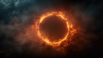 Obraz premium A glowing ring of fire set amidst a backdrop of dark, mysterious clouds, creating an eerie yet captivating effect of energy and light in the vast sky.