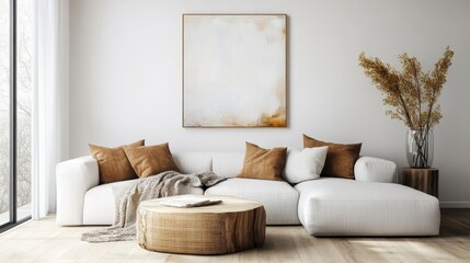 A modern living room with a white sofa, brown pillows, a textured blanket, a wooden coffee table, and a large abstract painting exuding warmth and simplicity.