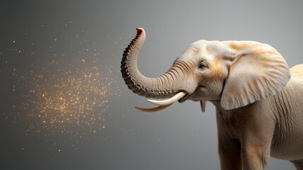 Obraz premium A majestic elephant raises its trunk amidst a shower of golden glittering particles, creating a magical and enchanting visual effect filled with wonder and awe.