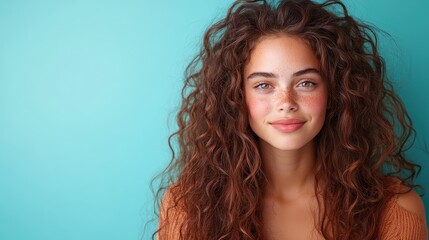 Naklejka premium A young woman with lush brunette curls and a soft smile, posing against a turquoise background, capturing youthfulness and vibrance through her expressive look.