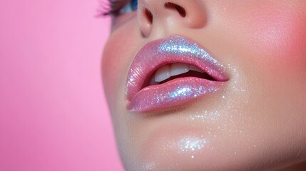 A striking close-up of glittery, iridescent pink and blue lipstick on lips, set against a bright pink background, epitomizing glamorous and creative makeup artistry.