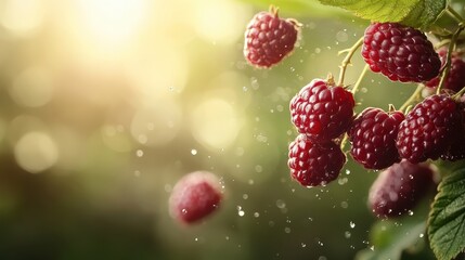 Image of ripe raspberries hanging from branches with morning sunlight filtering through, creating a serene and inviting atmosphere that celebrates natural abundance.