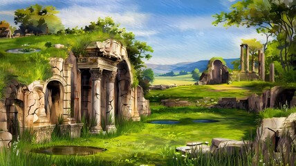 Ancient Roman Lush Mossy Ruins Watercolor Background