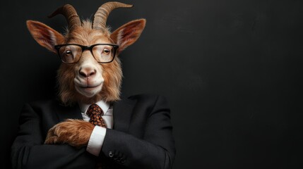 A goat with horn and humanoid expression, wearing a suit and glasses, stands confidently against a dark background, capturing a humorous mix of professionalism and whimsy.