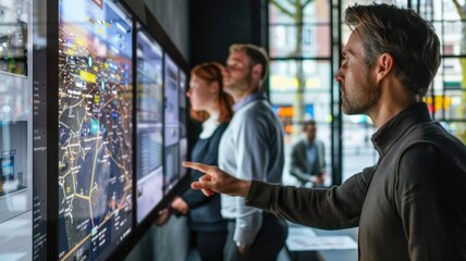 Business professionals analyzing interactive digital display in modern office environment