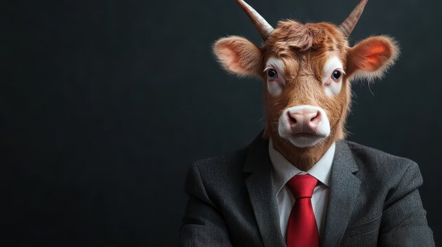 A bull character dressed in a suit and bright red tie stands against a dark background, merging the concepts of strength, professionalism, and uniqueness. - Powered by Adobe