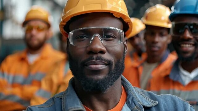 Smiling african american worker leads diverse team in metal factory, showcasing teamwork and success in manufacturing industry. Labor day.