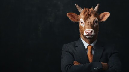 A cow wearing a black suit and orange tie stands against a dark background, juxtaposing animal traits with human professionalism in a creative, whimsical manner.