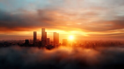 Fototapeta premium A stunning cityscape showcasing towering skyscrapers emerging through a blanket of fog as the sun sets, casting a golden glow and creating a picturesque view over the horizon.