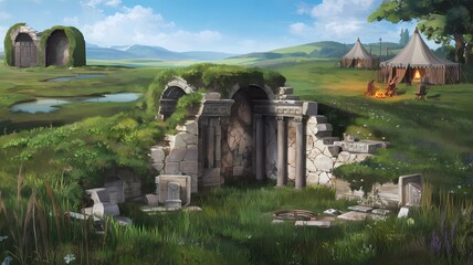 Ancient Roman Lush Mossy Ruins Watercolor Background