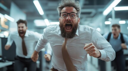 Obraz premium Three business men in an office display intense stress and urgency, running toward the camera, with one man in glasses leading, capturing action and emotion clearly.
