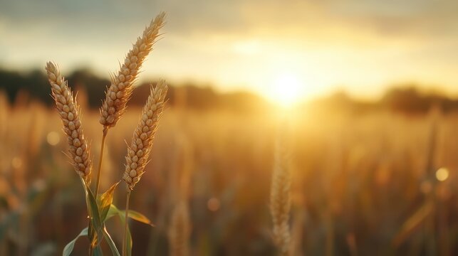 A picturesque view of wheat stalks swaying gently in a sunlit field as the day ends, capturing the essence of pastoral beauty and evening tranquility.