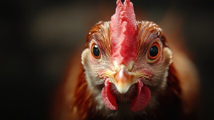 Fototapeta premium A chicken facing forward with a vibrant red comb and detailed feather pattern, expressing attentiveness against a blurred background, symbolizing rural life.
