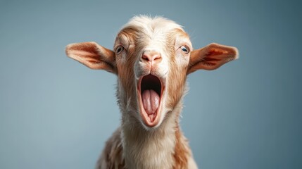 Detailed image of a close-up brown goat with its mouth wide open, capturing a humorous moment, with its ears pointed and fur glowing under soft light.