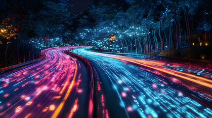 Digital data flow on road in concept of cyber global communication and coding with graphic creating vision of fast speed transfer to show agile digital transformation disruptive innov : Generative AI
