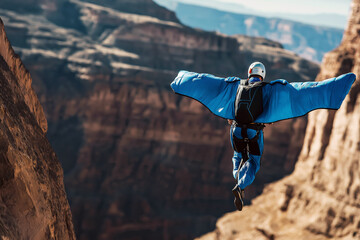 A skydiver performing a wingsuit flight before deploying a parachute over a rocky canyon.