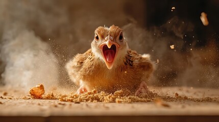 Obraz premium A startled bird creates an energetic cloud of dust as it springs into motion, leaving a dramatic trail amidst the earthy backdrop of its environment.