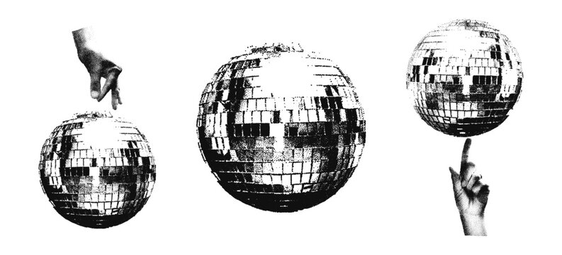 Shiny disco balls and halftone hands collage vector illustration with dotted stipple effect. Set of trendy modern retro elements with grainy dirty photocopy texture isolated on transparent background