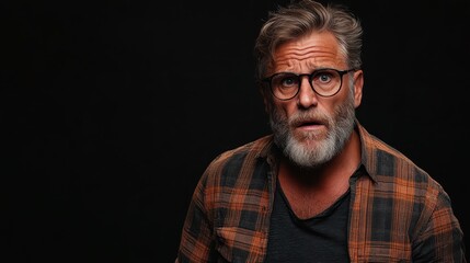 Obraz premium A mature man with silver hair and a beard wears glasses, showcasing a surprised expression against a dark background in a plaid shirt and dark tee.