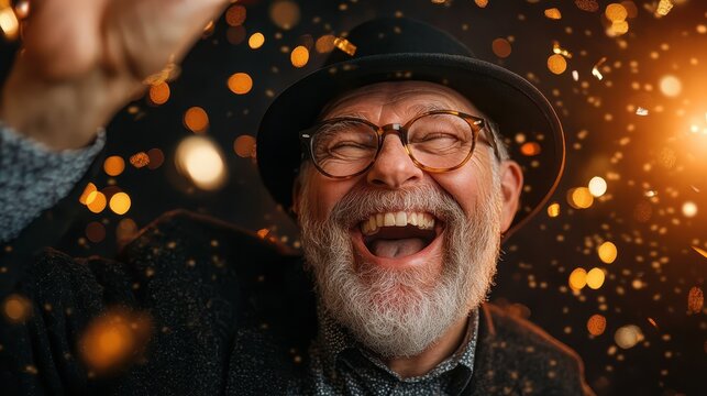 An elderly man wearing glasses and a hat is joyfully celebrating against a sparkling background, expressing happiness and excitement in the moment captured perfectly.