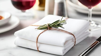   A collection of crisp white napkins neatly stacked and adorned with a fragrant rosemary sprig on the edge