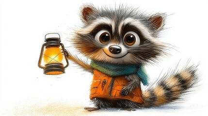 Fototapeta premium A raccoon holding a lantern with a scarf around its neck and another scarf around its neck