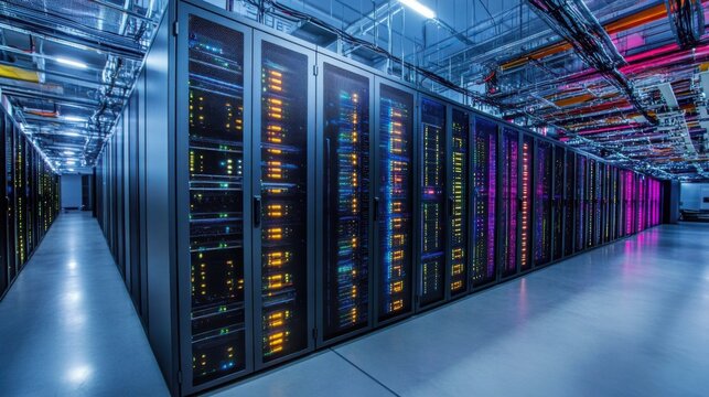 AI data center filled with servers and cooling systems, futuristic infrastructure for AI processing