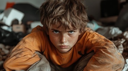 Obraz premium A child crouches on the floor, observing his surroundings with a focused and intense gaze. His clothing is rugged, hinting at a playful and adventurous spirit.