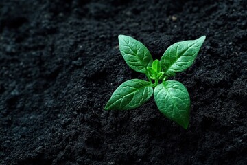 Naklejka premium A Single Green Sprout Emerging from Dark Soil
