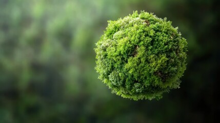 Obraz premium A vibrant, green moss ball floats in a peaceful ambiance, showcasing the beauty of lush nature against a blurred natural backdrop, symbolizing tranquility and vitality.