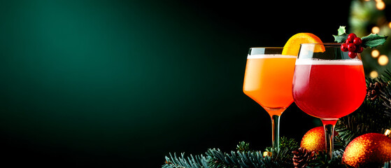 Two festive cocktails with orange slices, surrounded by holiday decorations, on a dark green background.