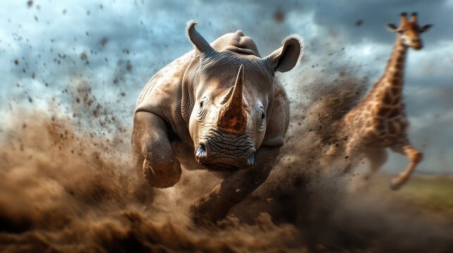 A powerful image capturing a rhinoceros charging towards the camera while a giraffe stands in the dusty backdrop, creating a dynamic sense of energy and wildlife action.