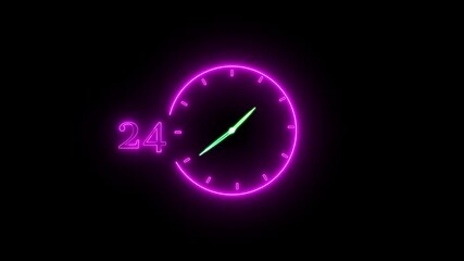 holding virtual 24 with clock on  worldwide nonstop and full-time Neon text 24, Glowing  neon word 24 hours in week. Animation of holding virtual 24 with clock on transparent background