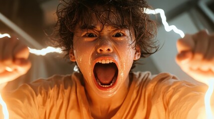 A dynamic youth exudes incredible energy, generating electric currents with raw intensity and fierce determination, symbolizing youthful vigor and untamed potential.