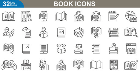 Book line icons set. Library, open book, closed book, bookmark, E-Book, glasses, notebook and more. vector illustration.