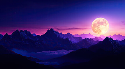 A serene mountain landscape illuminated by a vibrant full moon, showcasing a stunning gradient of twilight colors.